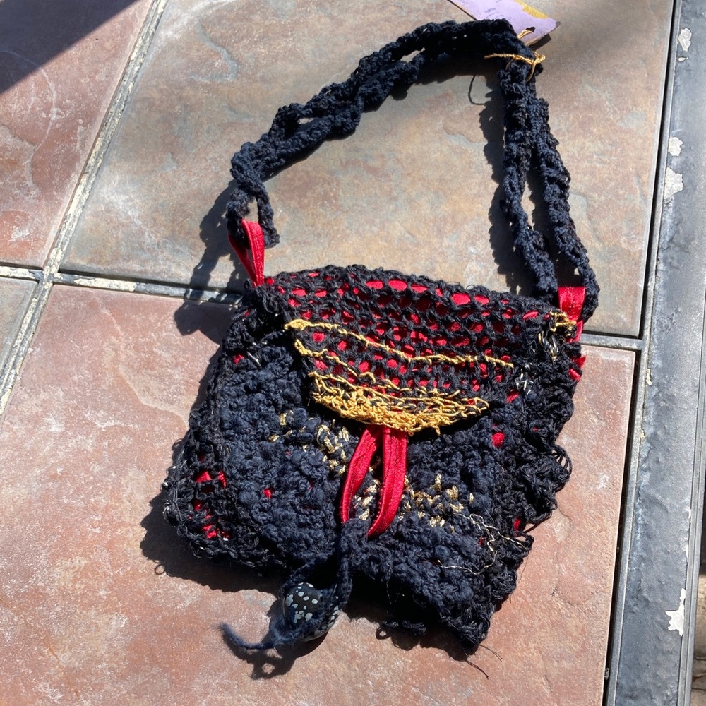 Handcrafted Black Wool Silk Crochet  Bag with Red & Gold Accents
